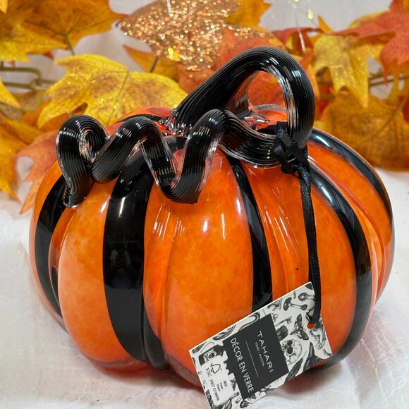 Tahari Black Orange Stipe BLOWN MURANO STYLE ART GLASS Fall Halloween PUMPKIN - Picture 1 of 9